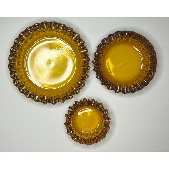 Vintage Fenton Honey Gold Amber Hobnail Glass Nesting Trinket Ashtrays Set 3